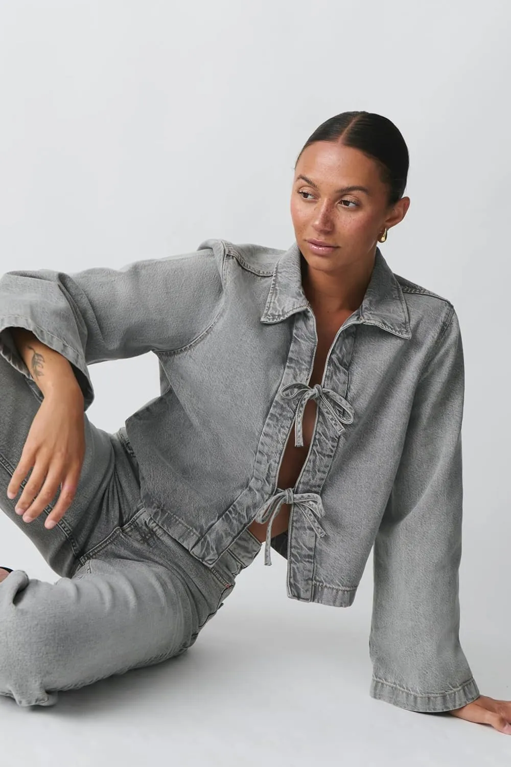 Womens Fashion Denim Jacket Coat Tie Front Lapel Long Sleeve Shirt Denim Jacket Y2k Clothes