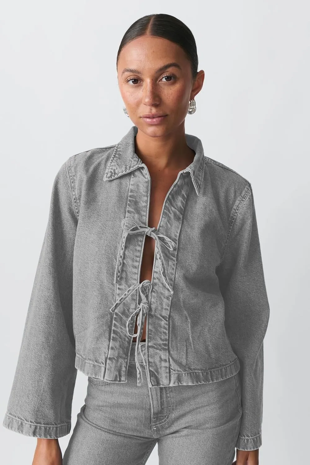 Womens Fashion Denim Jacket Coat Tie Front Lapel Long Sleeve Shirt Denim Jacket Y2k Clothes