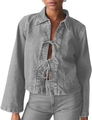 Womens Fashion Denim Jacket Coat Tie Front Lapel Long Sleeve Shirt Denim Jacket Y2k Clothes