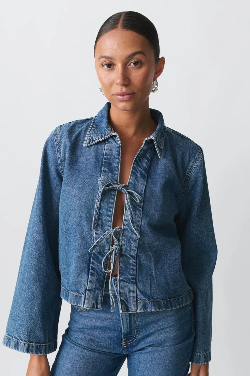 Womens Fashion Denim Jacket Coat Tie Front Lapel Long Sleeve Shirt Denim Jacket Y2k Clothes