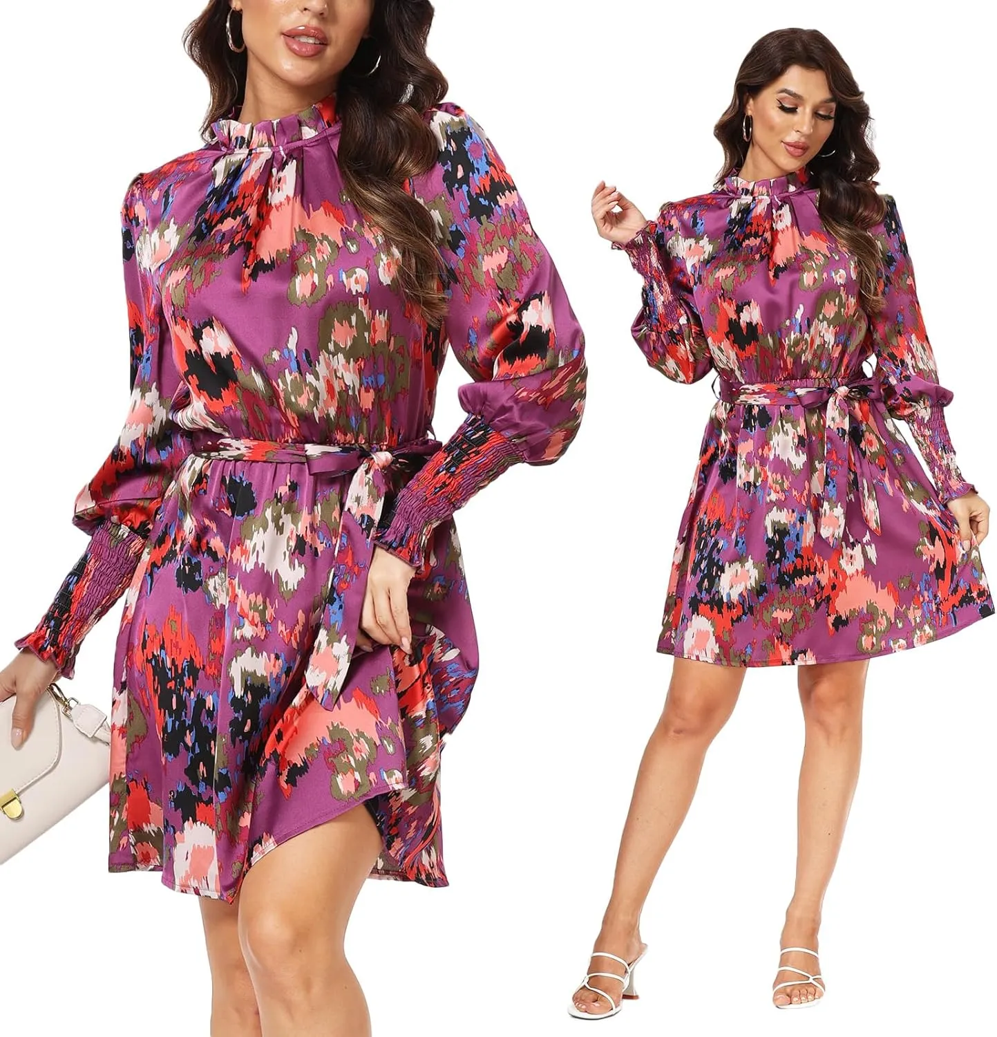 Women's Floral Dress Long Sleeve Mock Neck Fall Dresses for Women 2023 Casual Printed Short Dress