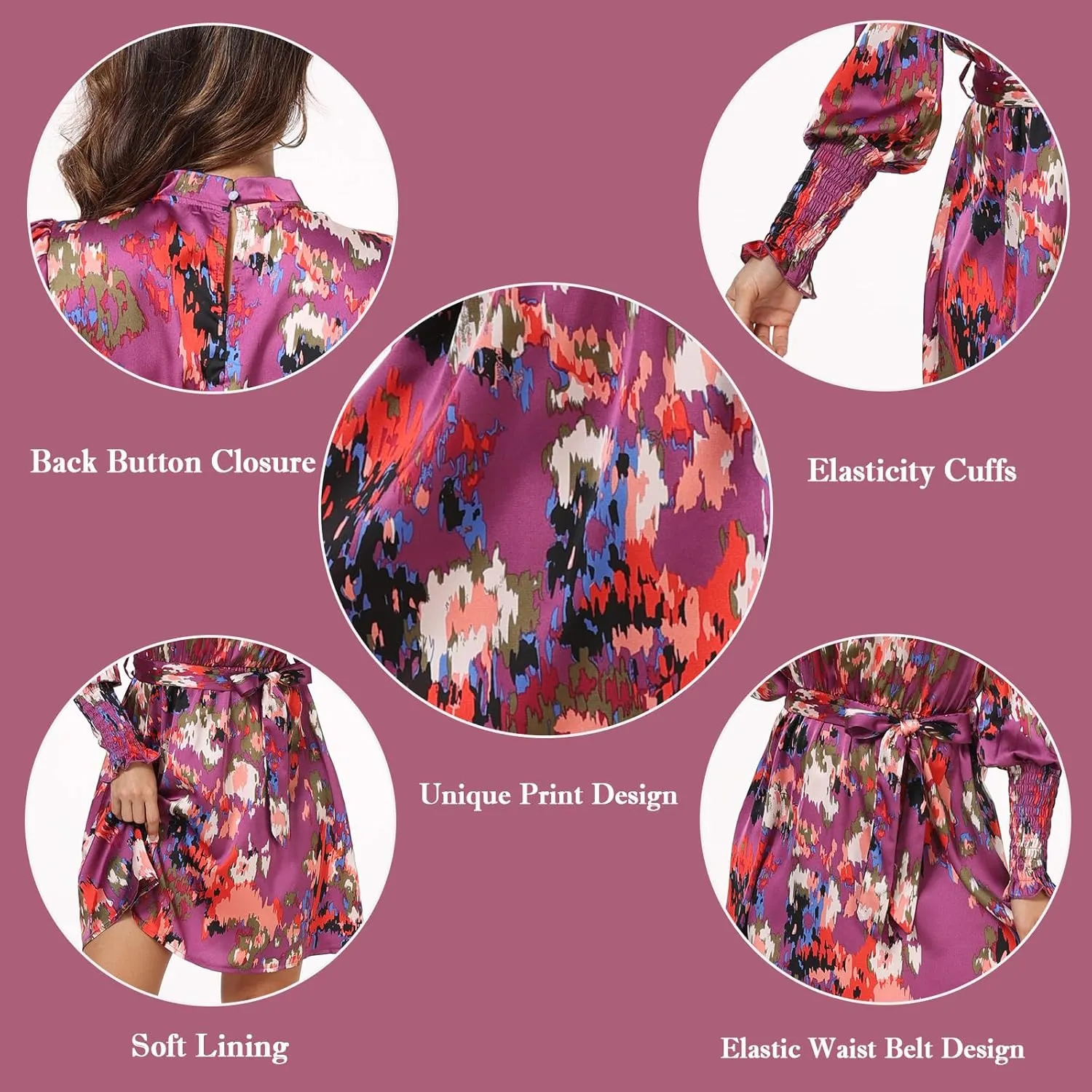 Women's Floral Dress Long Sleeve Mock Neck Fall Dresses for Women 2023 Casual Printed Short Dress