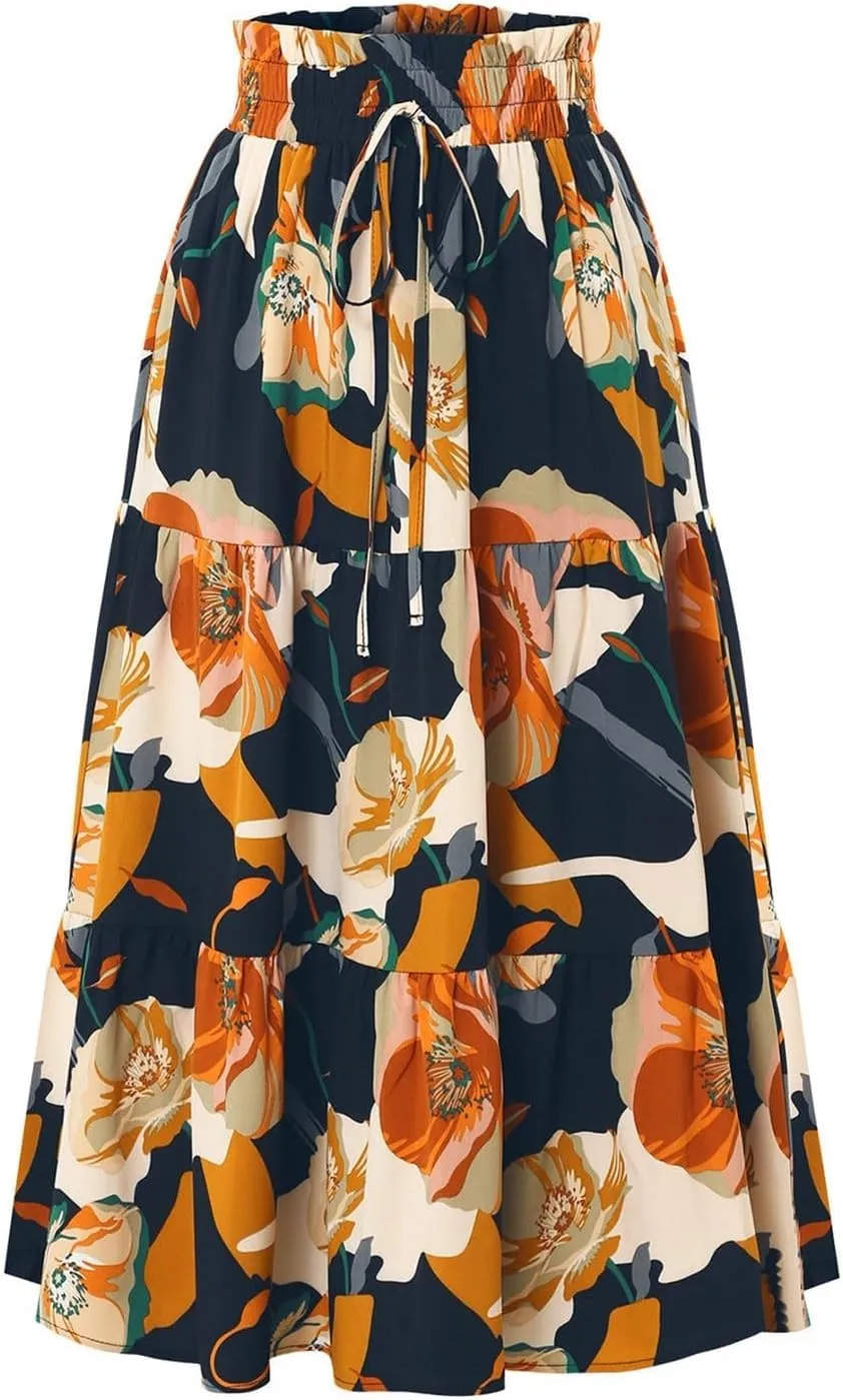 Womens Floral Print Elastic Waist Ruffle Midi Tiered Skirt High Waist Pleated A-Line Flared Maxi Skirts Summer Boho Skirts