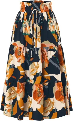 Womens Floral Print Elastic Waist Ruffle Midi Tiered Skirt High Waist Pleated A-Line Flared Maxi Skirts Summer Boho Skirts