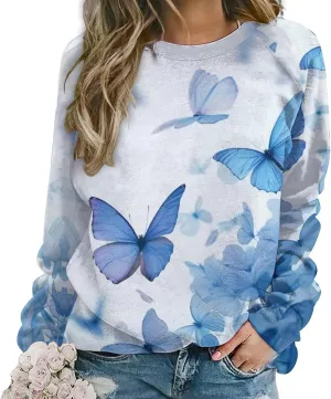 Womens Floral Sweatshirt Vintage Long Sleeve Crewneck Pullover Fall Tops Butterfly Graphic Oversized Casual Clothes