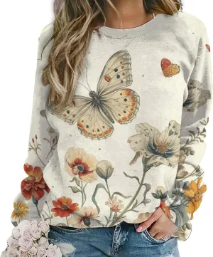 Womens Floral Sweatshirt Vintage Long Sleeve Crewneck Pullover Fall Tops Butterfly Graphic Oversized Casual Clothes
