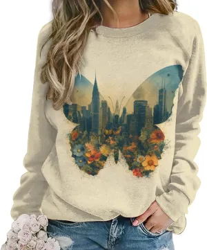 Womens Floral Sweatshirt Vintage Long Sleeve Crewneck Pullover Fall Tops Butterfly Graphic Oversized Casual Clothes