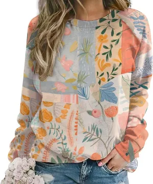 Womens Floral Sweatshirt Vintage Long Sleeve Crewneck Pullover Fall Tops Butterfly Graphic Oversized Casual Clothes