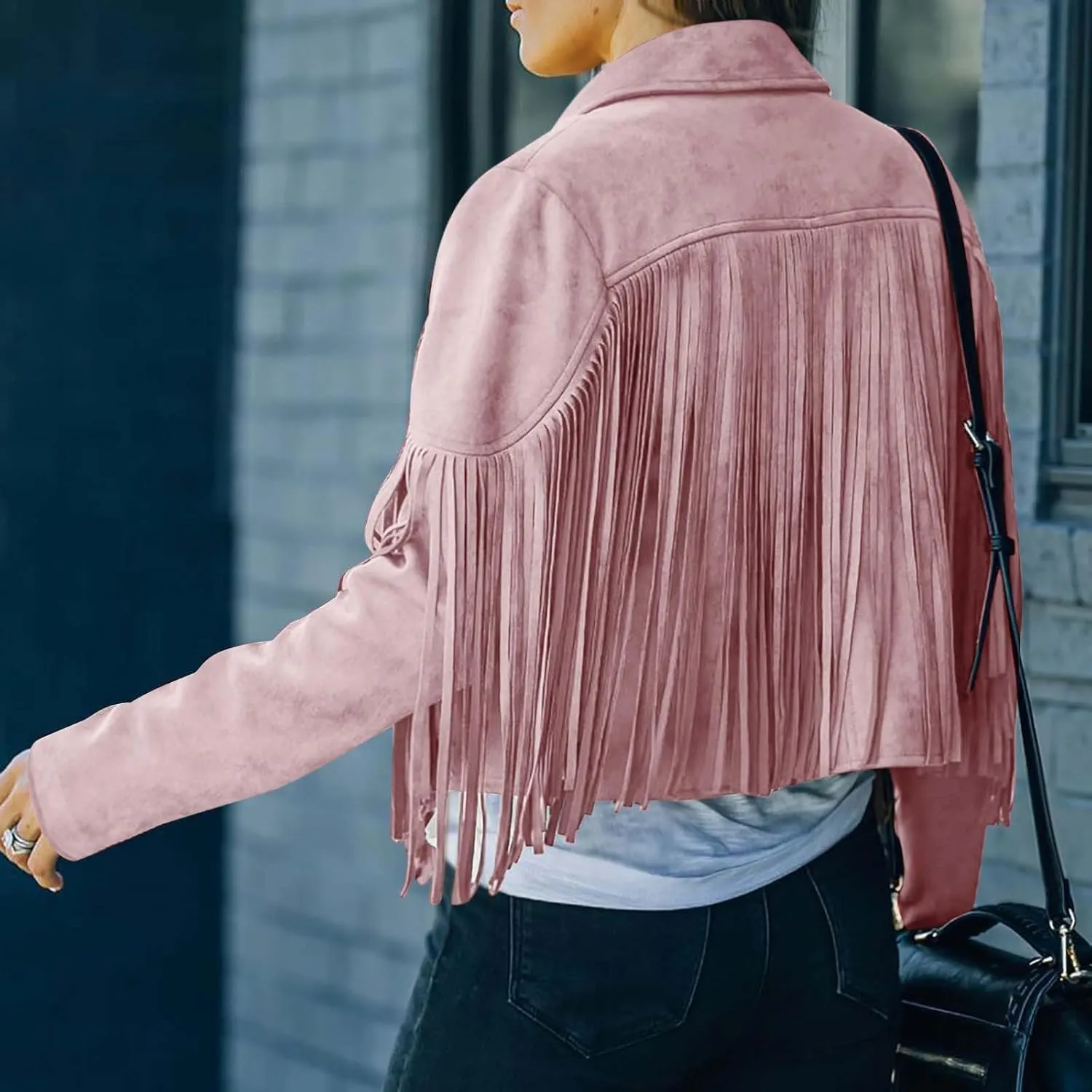 Women's Fringe Faux Suede Leather Jackets Fashion Tassel Cropped Coats Fringe Cropped Jacket Tassel Suede Moto Jacket