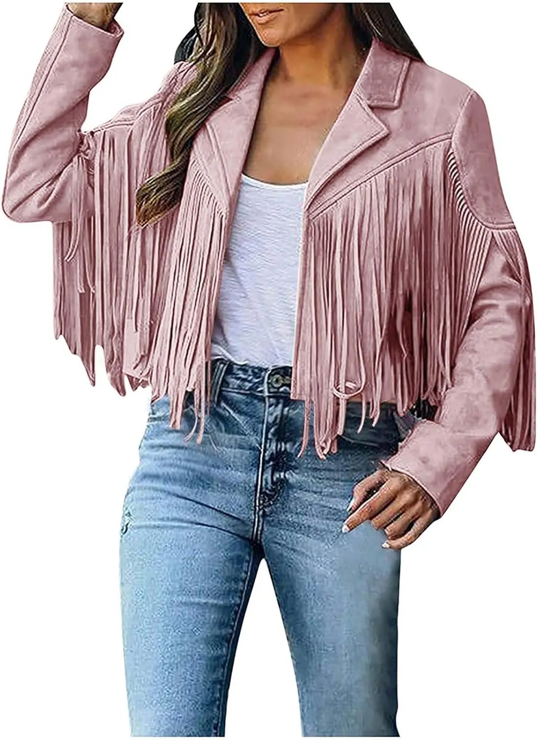 Women's Fringe Faux Suede Leather Jackets Fashion Tassel Cropped Coats Fringe Cropped Jacket Tassel Suede Moto Jacket