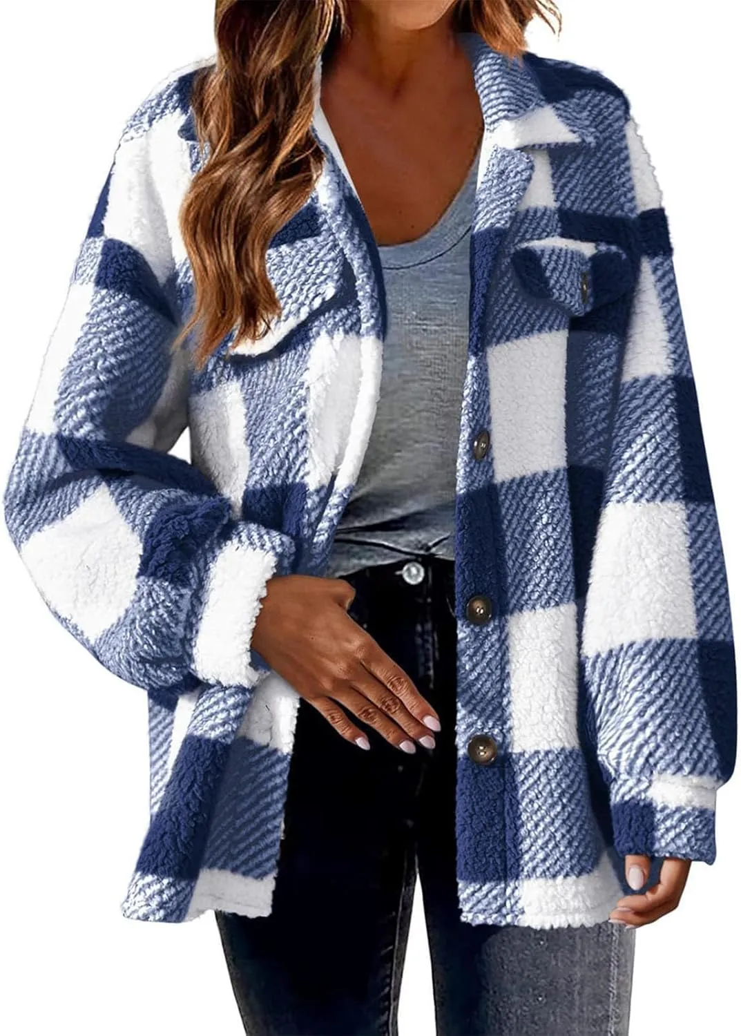 Womens Fuzzy Fleece Plaid Shacket Jacket Buffalo Plaid Flannel Sherpa Puffer Coat Button Down Sherpa Shacket
