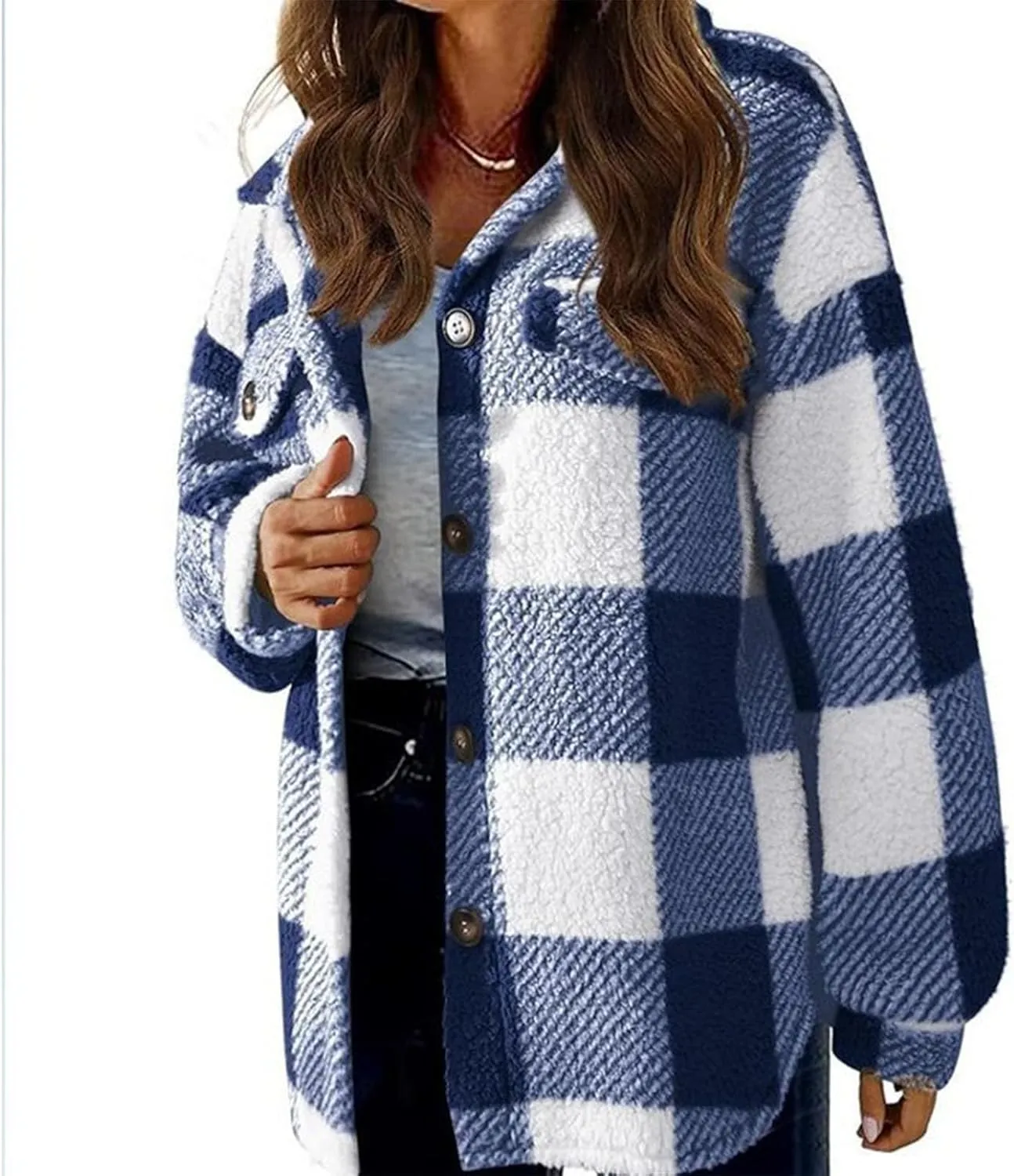 Womens Fuzzy Fleece Plaid Shacket Jacket Buffalo Plaid Flannel Sherpa Puffer Coat Button Down Sherpa Shacket