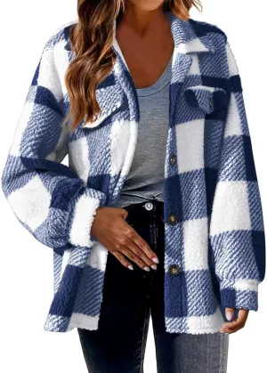 Womens Fuzzy Fleece Plaid Shacket Jacket Buffalo Plaid Flannel Sherpa Puffer Coat Button Down Sherpa Shacket
