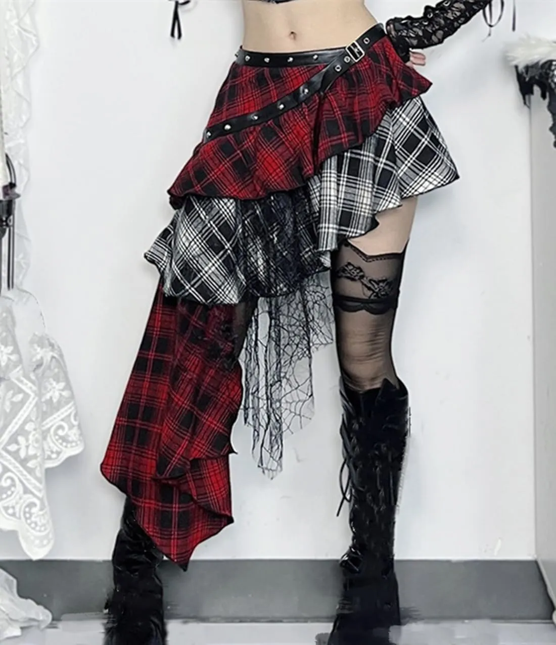 Women's Goth Long Maxi Skirts Asymmetrical Y2K Skirts Layered Ruffle Skirt