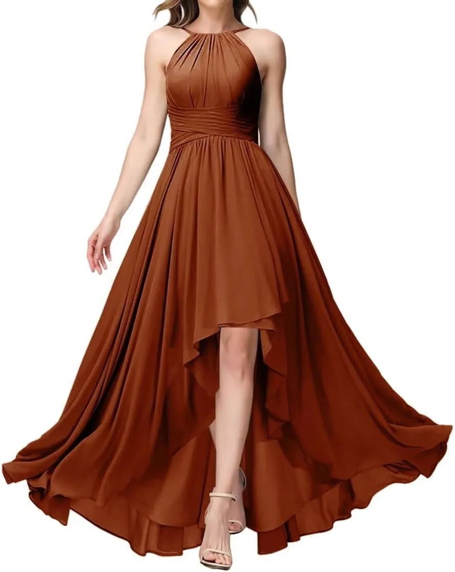 Women's Halter Bridesmaid Dresses Ruched Sleeveless Long Chiffon Bridesmaid Dresses