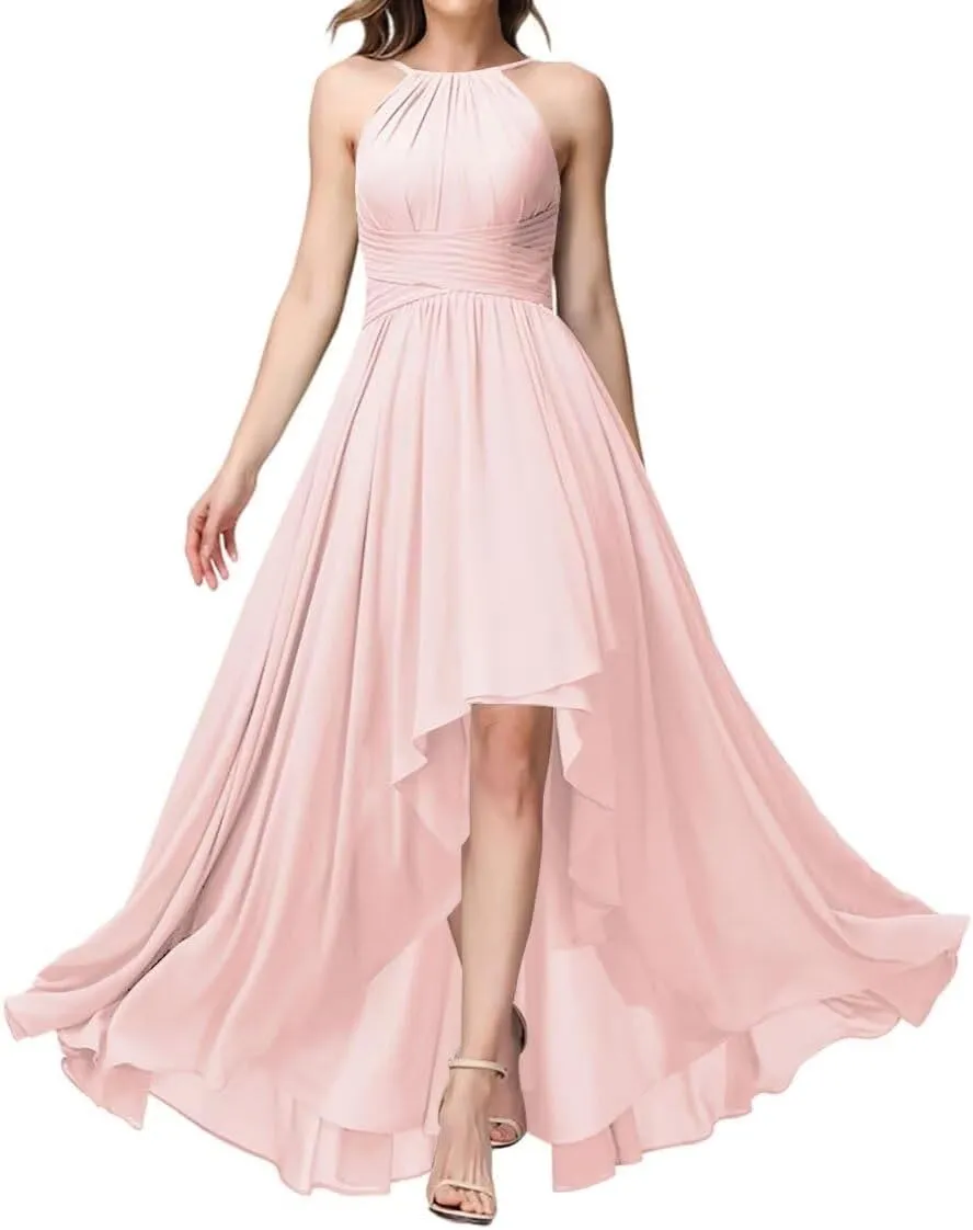 Women's Halter Bridesmaid Dresses Ruched Sleeveless Long Chiffon Bridesmaid Dresses