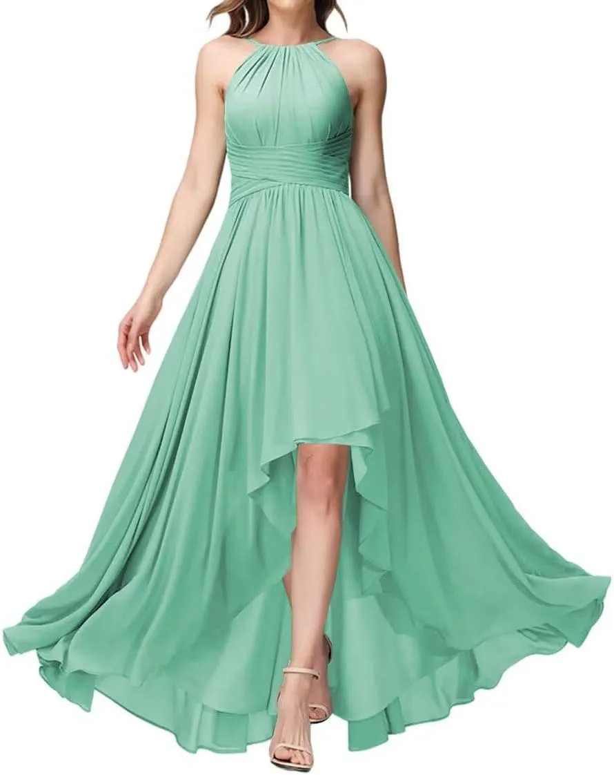 Women's Halter Bridesmaid Dresses Ruched Sleeveless Long Chiffon Bridesmaid Dresses