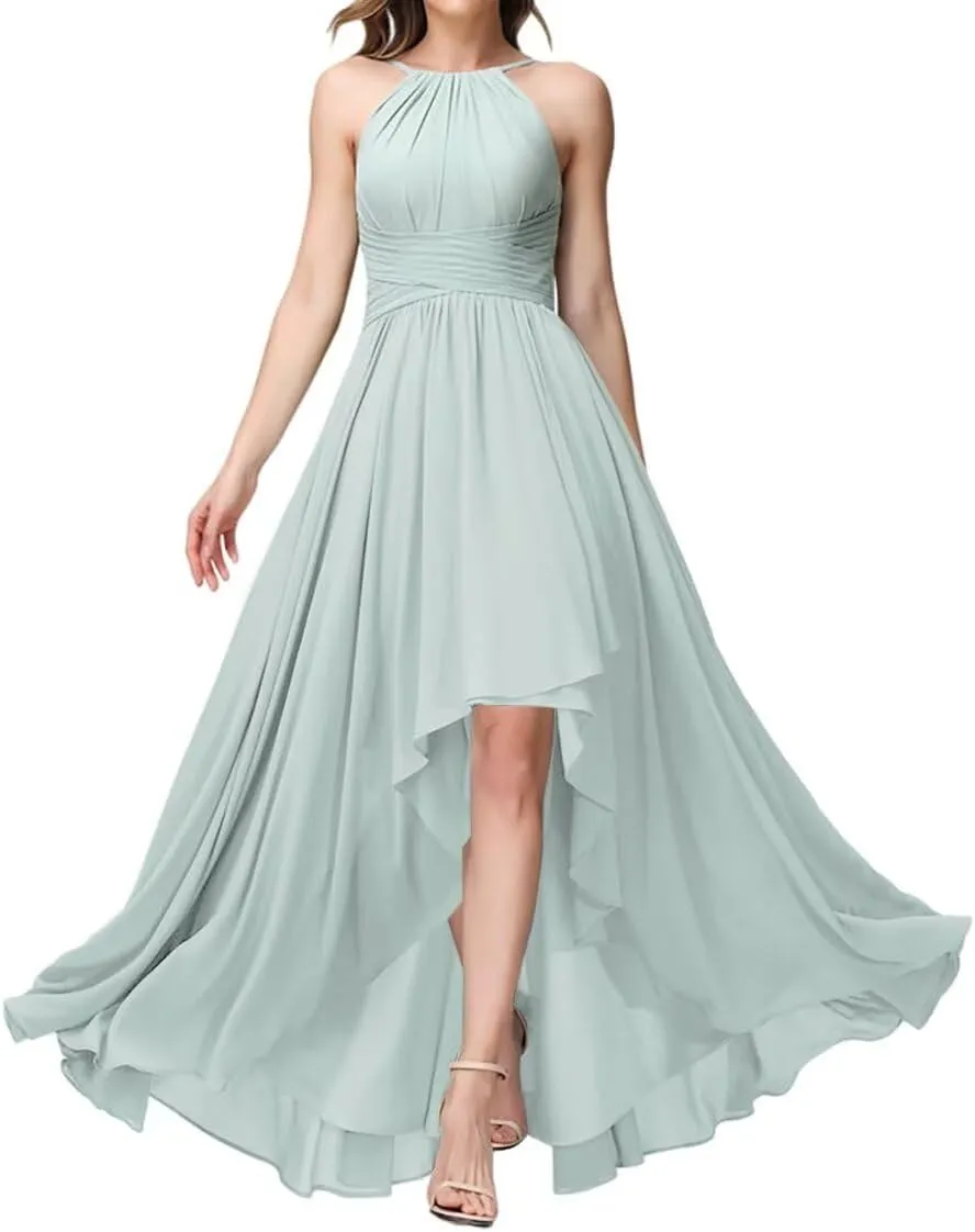 Women's Halter Bridesmaid Dresses Ruched Sleeveless Long Chiffon Bridesmaid Dresses
