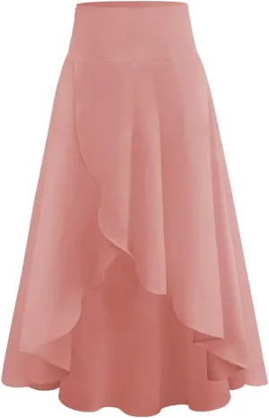 Women's High Low Casual Slit Wrap Asymmetrical Skirt - Solid Elastic High Waist With High Split - Flowy Long Maxi