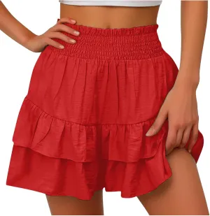 Women's High Waisted Ruffle Skirts with Floral Pleated Hem Workout Shorts Summer Casual Solid Color Cute Beach Skorts