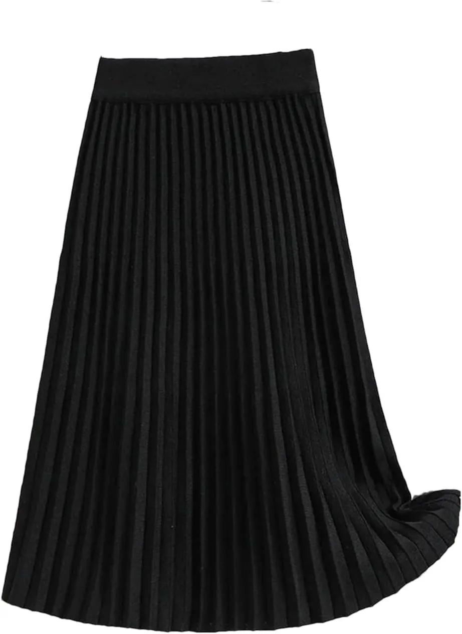 Women's Knitted Midi Skirt Loose High Waist Pleated Skirt Autumn and Winter A-Line Skirt
