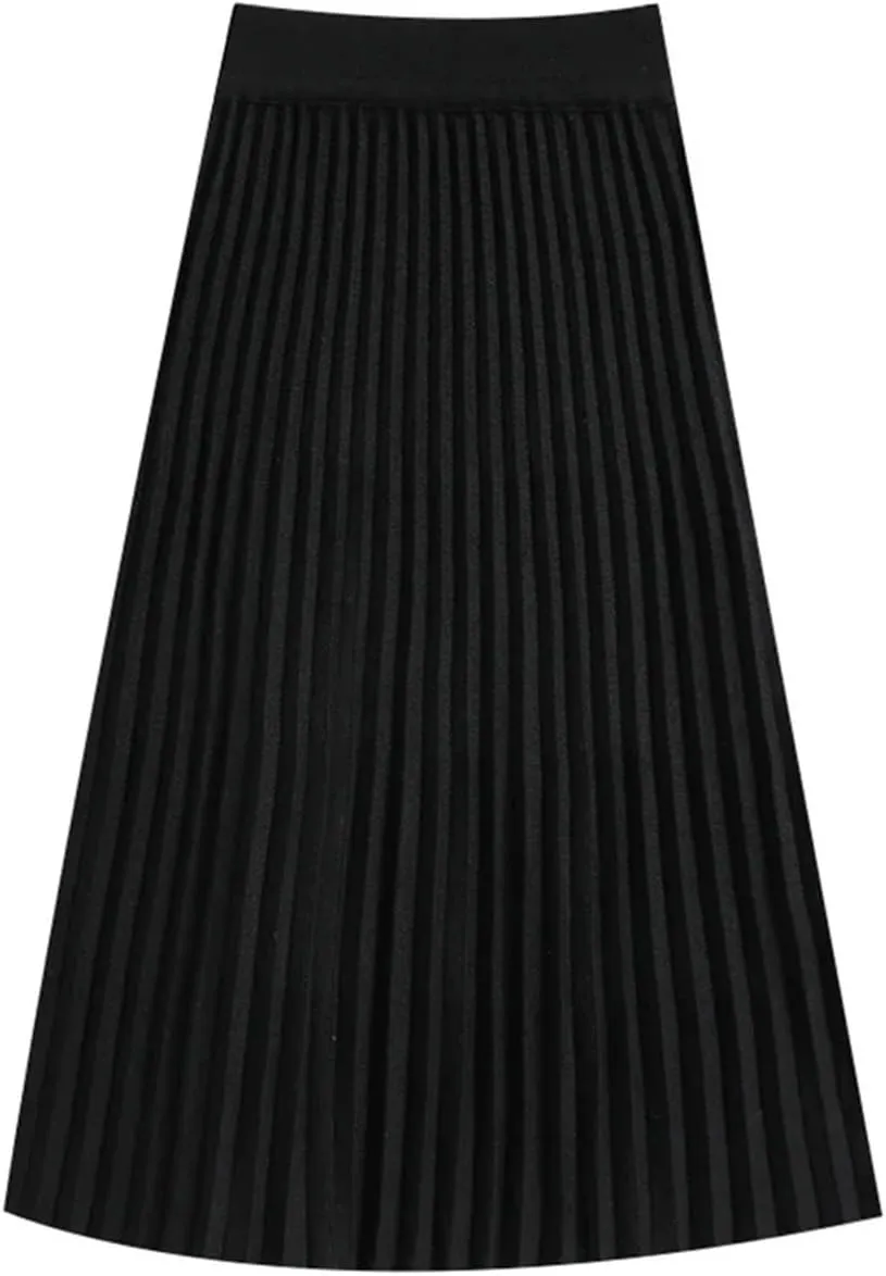 Women's Knitted Midi Skirt Loose High Waist Pleated Skirt Autumn and Winter A-Line Skirt