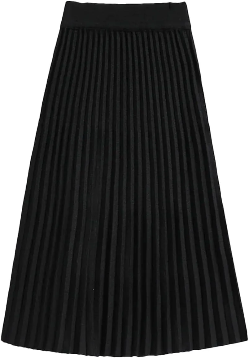 Women's Knitted Midi Skirt Loose High Waist Pleated Skirt Autumn and Winter A-Line Skirt