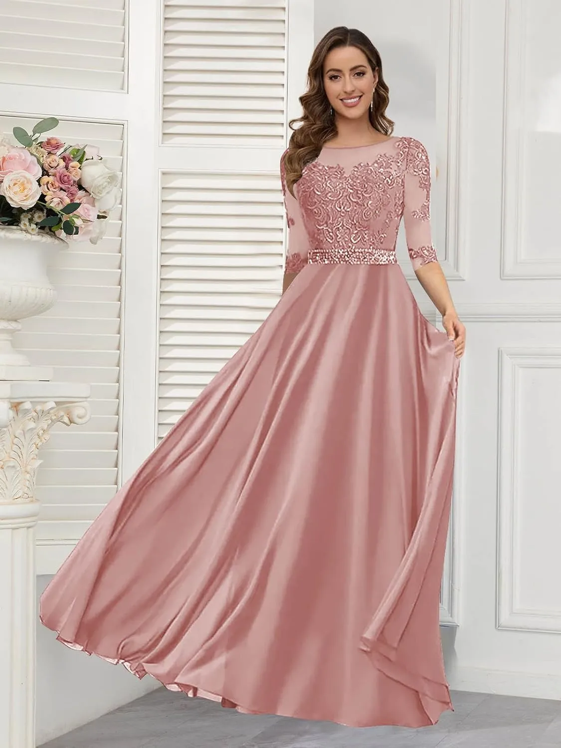 Women's Lace Appliques Mother of The Bride Dresses 3/4 Sleeves Pleated Chiffon Long A-line Formal Evening Gown