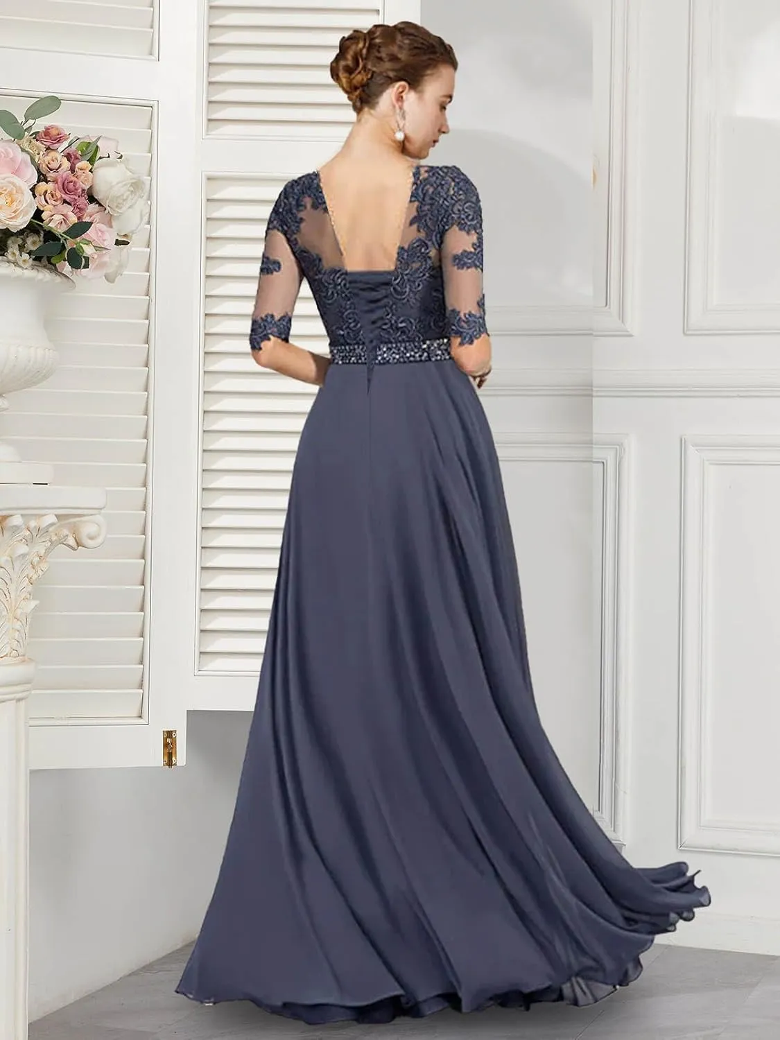 Women's Lace Appliques Mother of The Bride Dresses 3/4 Sleeves Pleated Chiffon Long A-line Formal Evening Gown