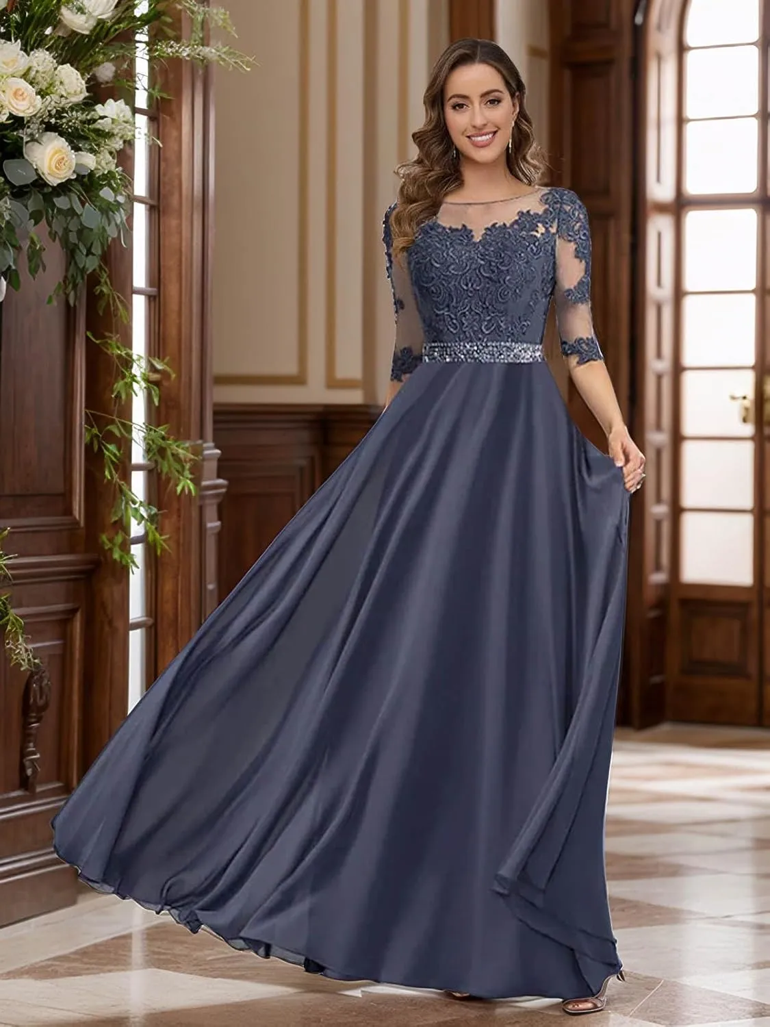 Women's Lace Appliques Mother of The Bride Dresses 3/4 Sleeves Pleated Chiffon Long A-line Formal Evening Gown