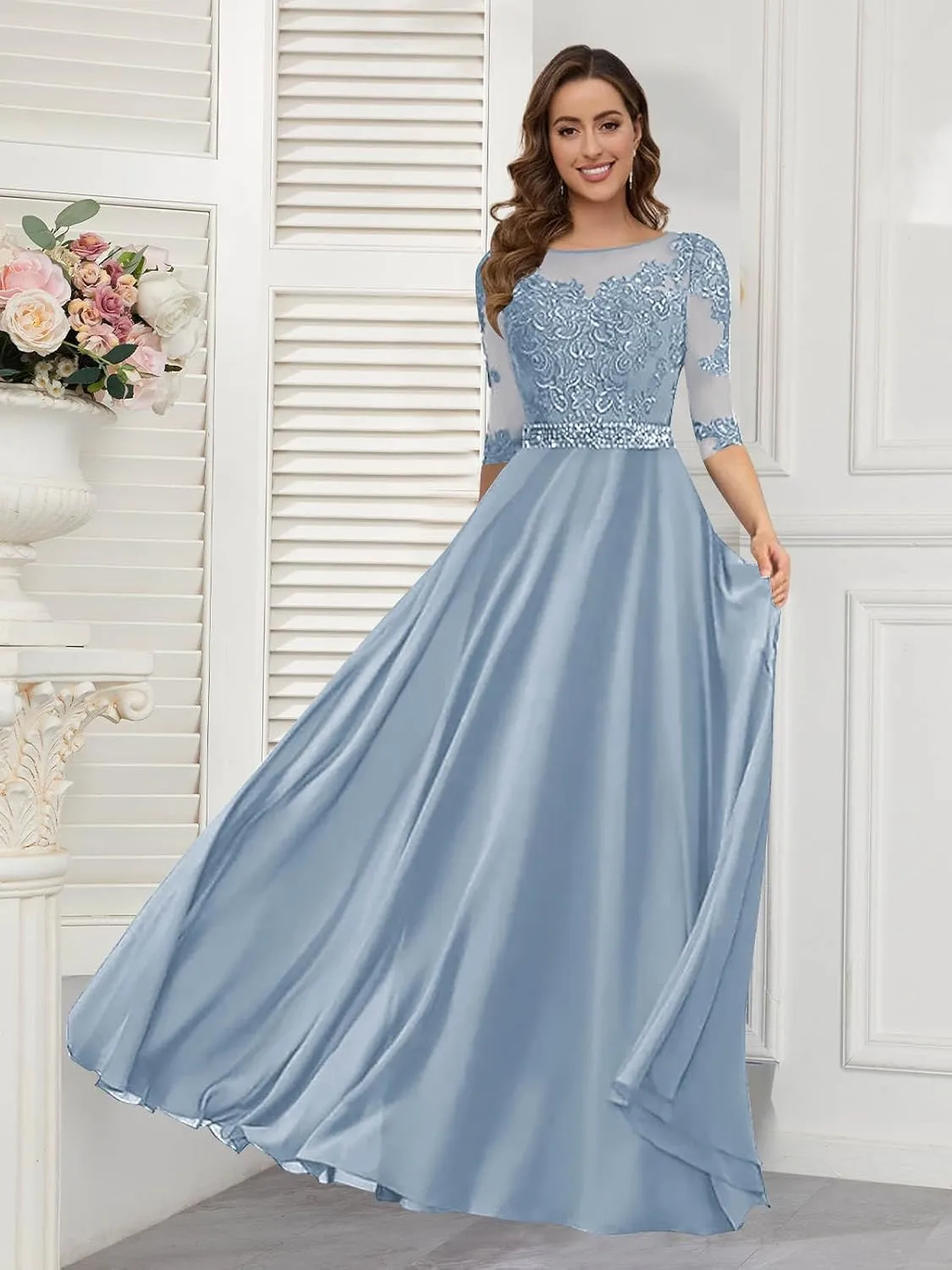 Women's Lace Appliques Mother of The Bride Dresses 3/4 Sleeves Pleated Chiffon Long A-line Formal Evening Gown