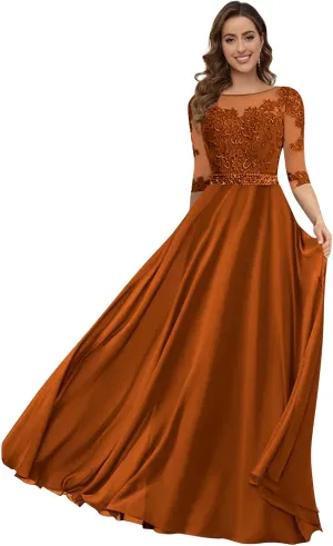 Women's Lace Appliques Mother of The Bride Dresses 3/4 Sleeves Pleated Chiffon Long A-line Formal Evening Gown