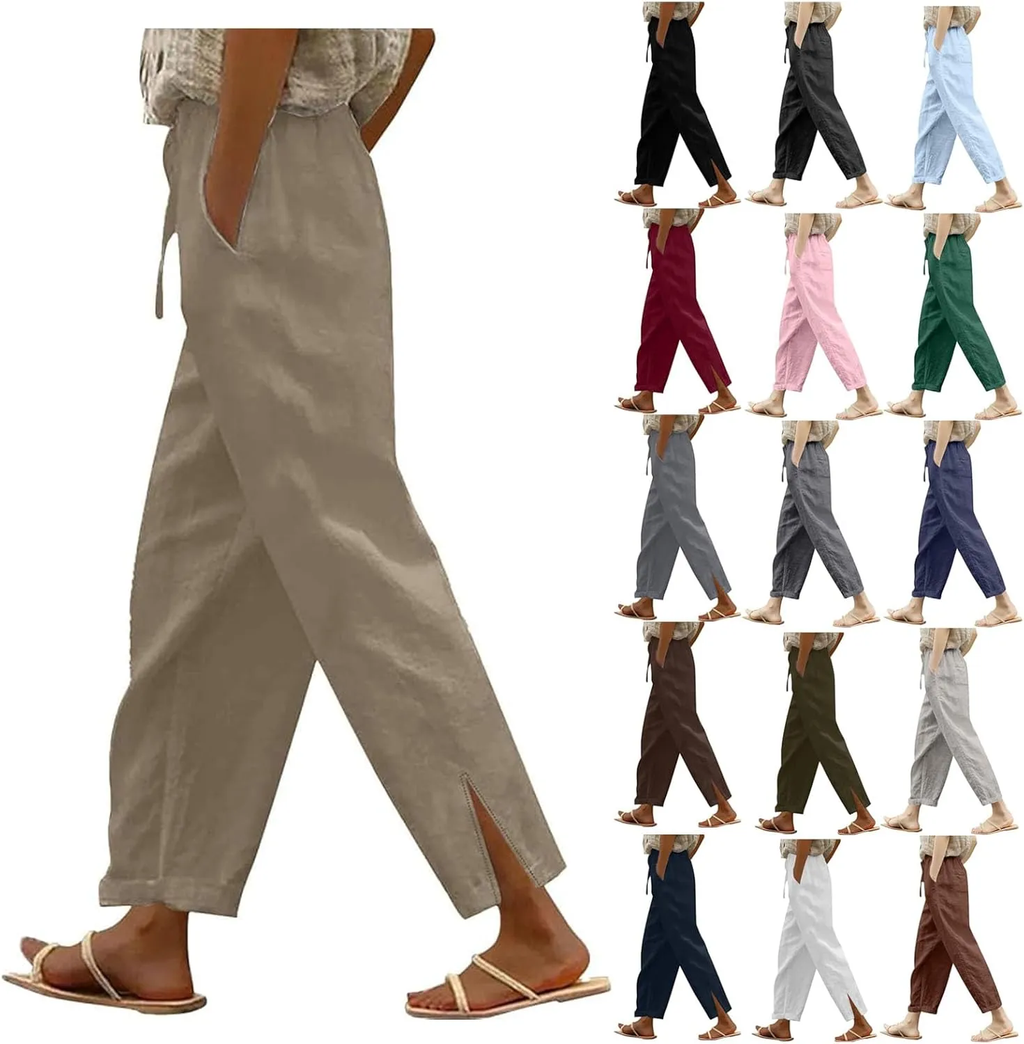 Womens Linen Pants Trendy 2025 Summer Casual Drawstring Elastic Waist Trousers Lightweight Beach Vacation Outfits