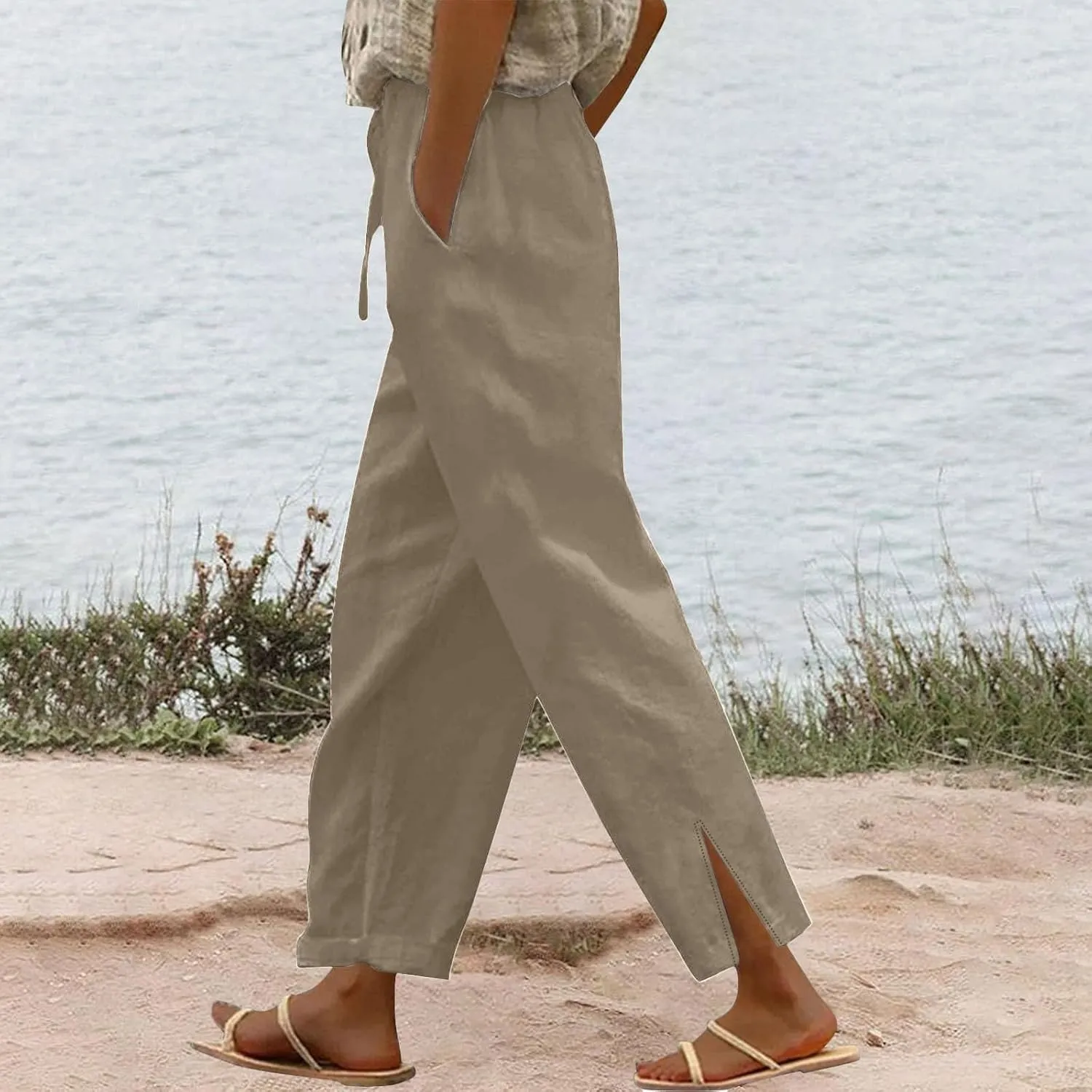 Womens Linen Pants Trendy 2025 Summer Casual Drawstring Elastic Waist Trousers Lightweight Beach Vacation Outfits