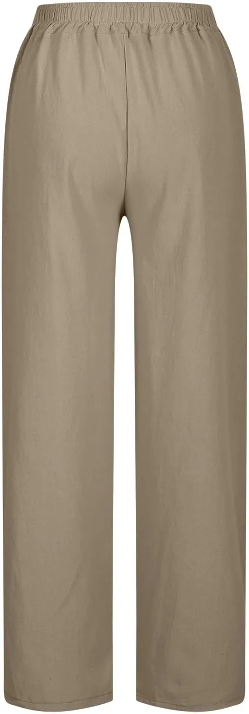 Womens Linen Pants Trendy 2025 Summer Casual Drawstring Elastic Waist Trousers Lightweight Beach Vacation Outfits