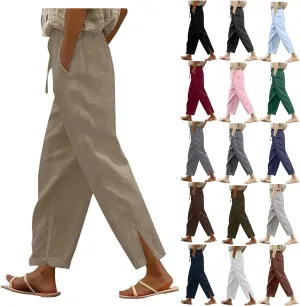 Womens Linen Pants Trendy 2025 Summer Casual Drawstring Elastic Waist Trousers Lightweight Beach Vacation Outfits