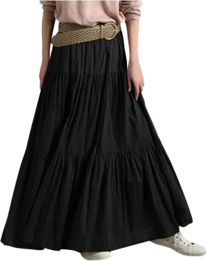 Women's Long Skirts Plus Size Maxi Ruffle Solid Tiered Flowy Beach Skirts,S-5XL