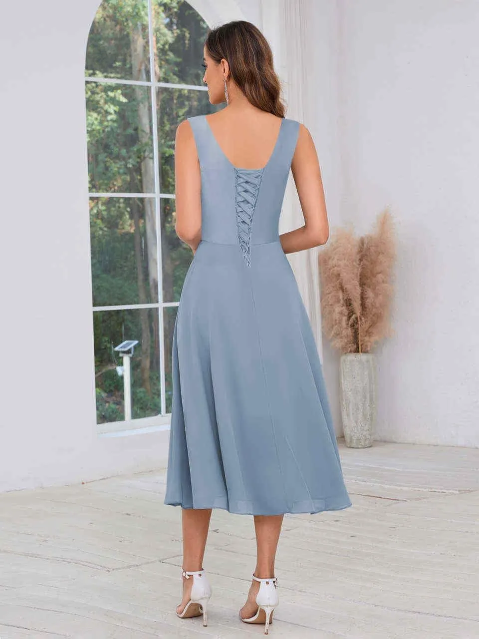 Women's Mother of The Bride Dresses with Jacket Tea Length Lace Pleated Chiffon Formal Wedding Guest Dress
