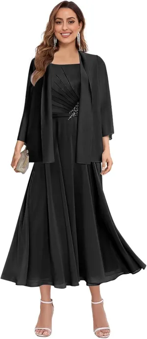 Women's Mother of The Bride Dresses with Jacket Tea Length Lace Pleated Chiffon Formal Wedding Guest Dress