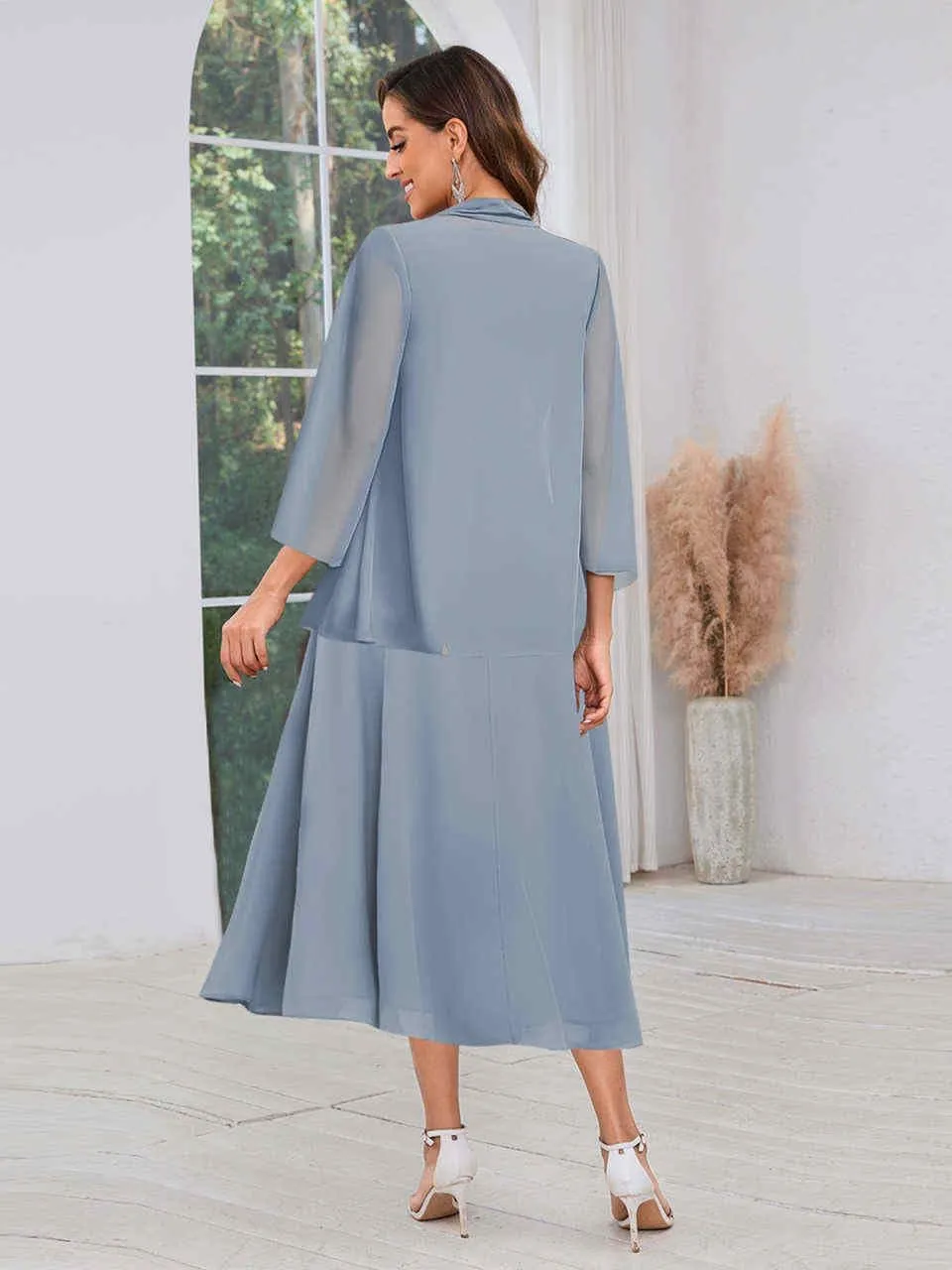 Women's Mother of The Bride Dresses with Jacket Tea Length Lace Pleated Chiffon Formal Wedding Guest Dress