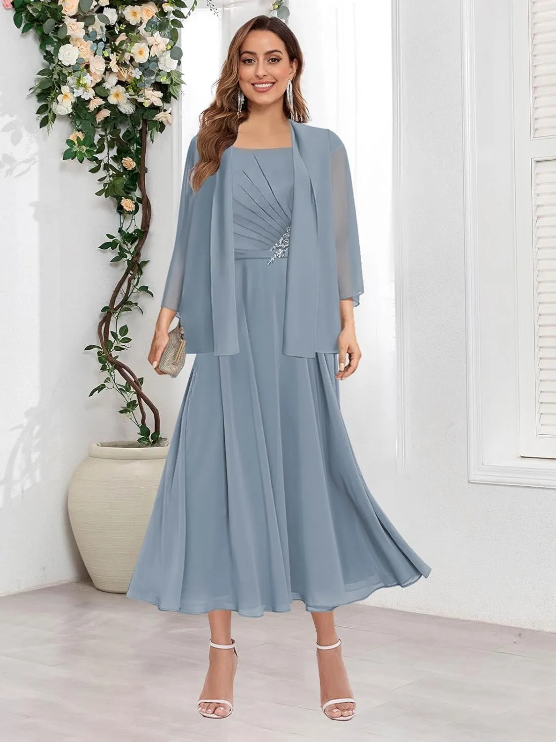 Women's Mother of The Bride Dresses with Jacket Tea Length Lace Pleated Chiffon Formal Wedding Guest Dress