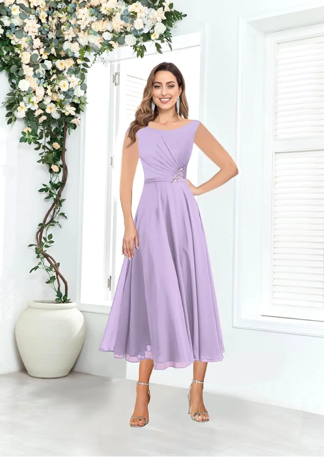 Women's Mother of The Bride Dresses with Jacket Tea Length Lace Pleated Chiffon Formal Wedding Guest Dress