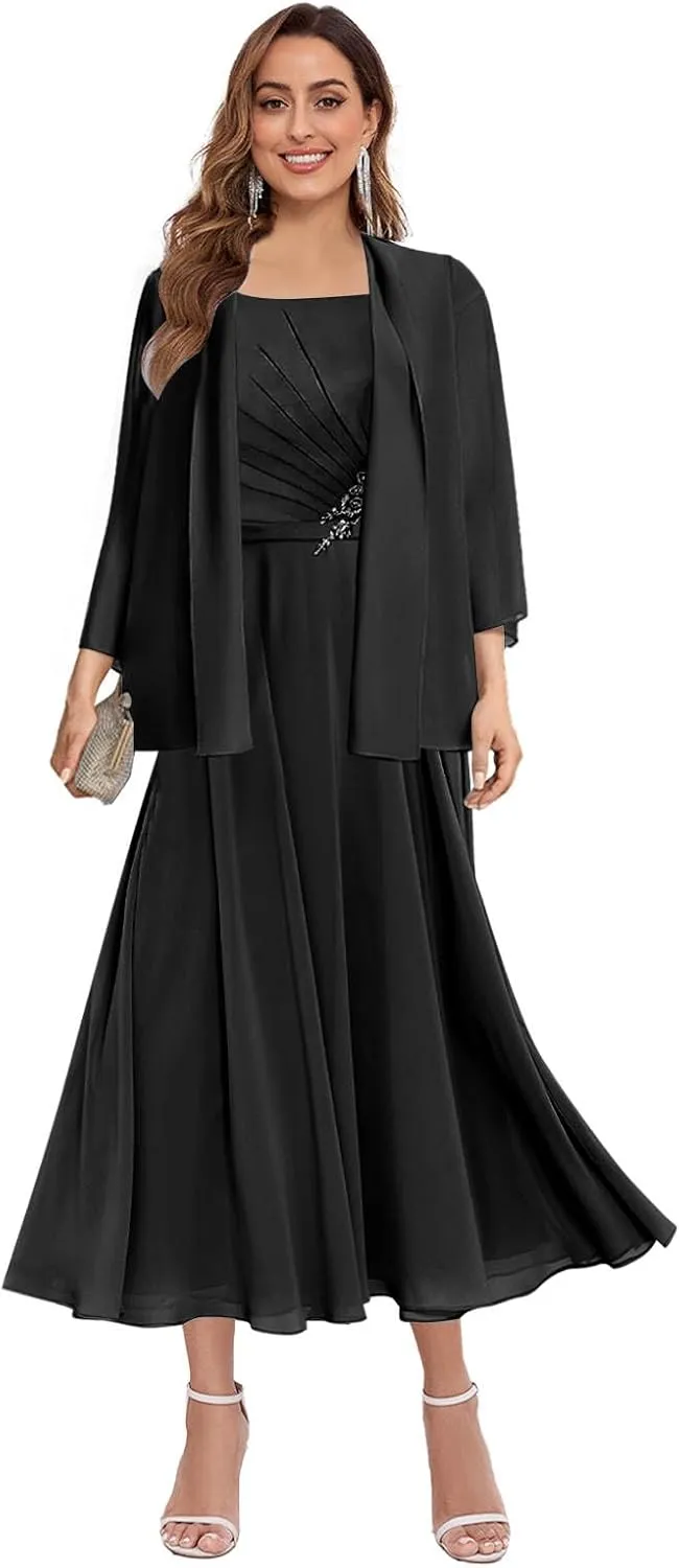 Women's Mother of The Bride Dresses with Jacket Tea Length Lace Pleated Chiffon Formal Wedding Guest Dress