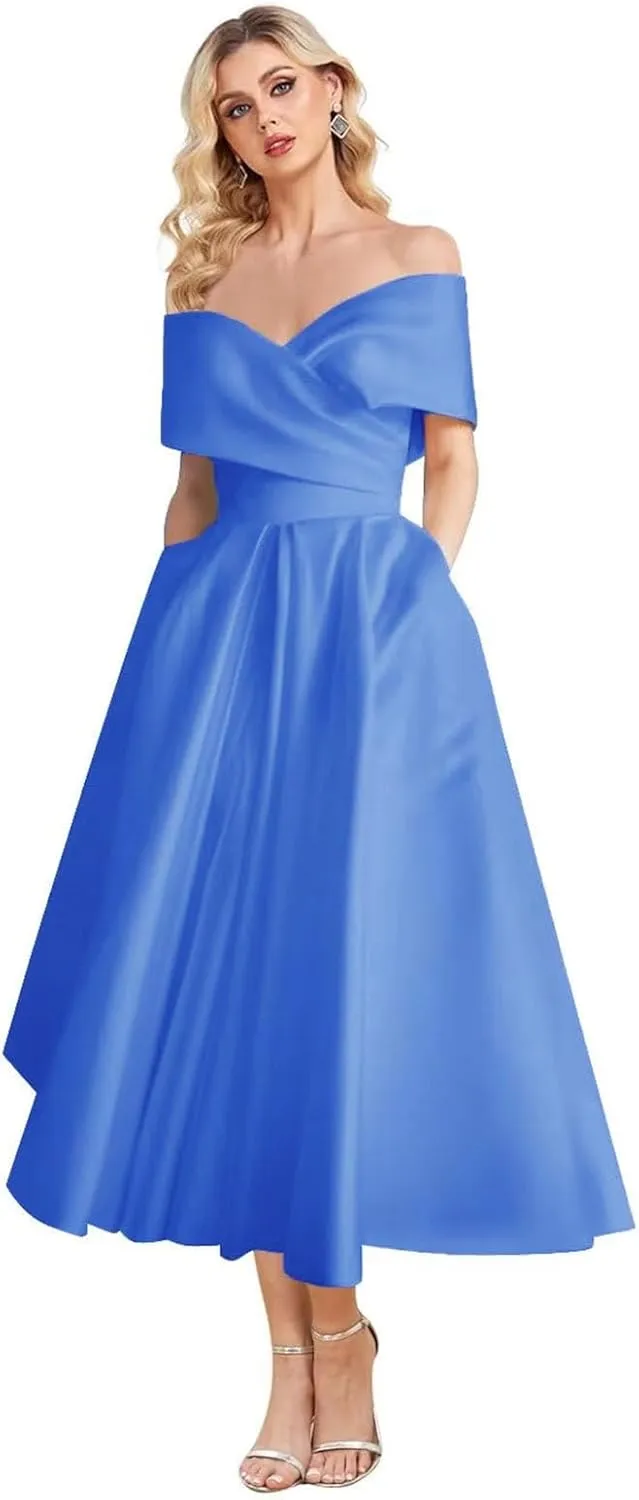 Women's Off Shoulder Wedding Dress for Bride Tea Length A Line Satin Formal Prom Dresses with Pockets