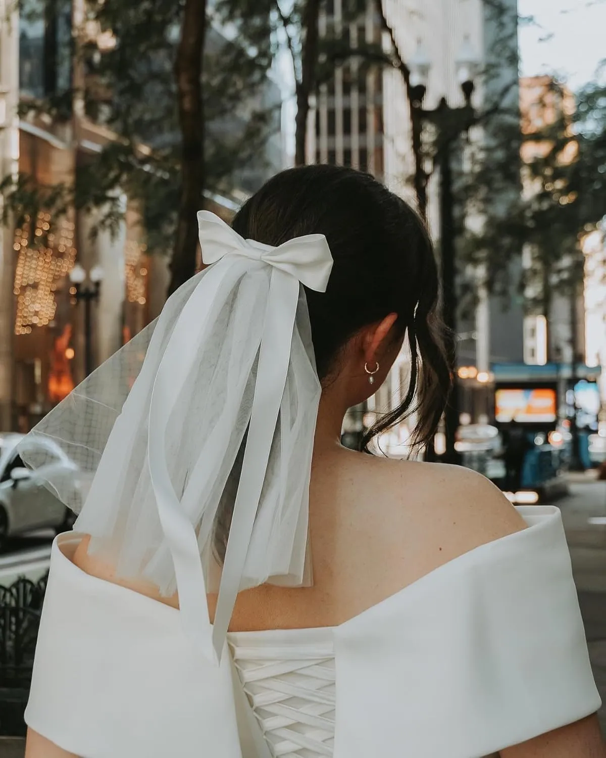 Women's Off Shoulder Wedding Dress for Bride Tea Length A Line Satin Formal Prom Dresses with Pockets