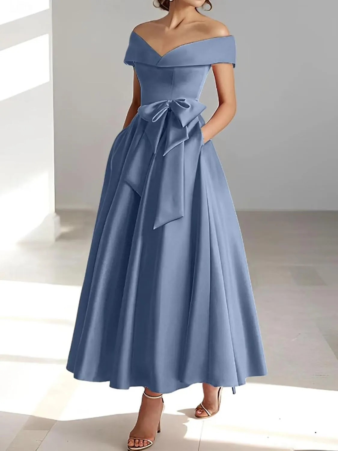 Women's Off The Shoulder Satin Mother of The Bride Dress with Bow Tea Length Formal Gowns Evening Dresses