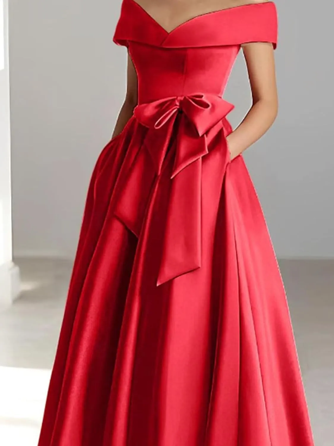 Women's Off The Shoulder Satin Mother of The Bride Dress with Bow Tea Length Formal Gowns Evening Dresses