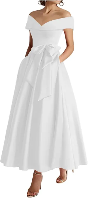 Women's Off The Shoulder Satin Mother of The Bride Dress with Bow Tea Length Formal Gowns Evening Dresses