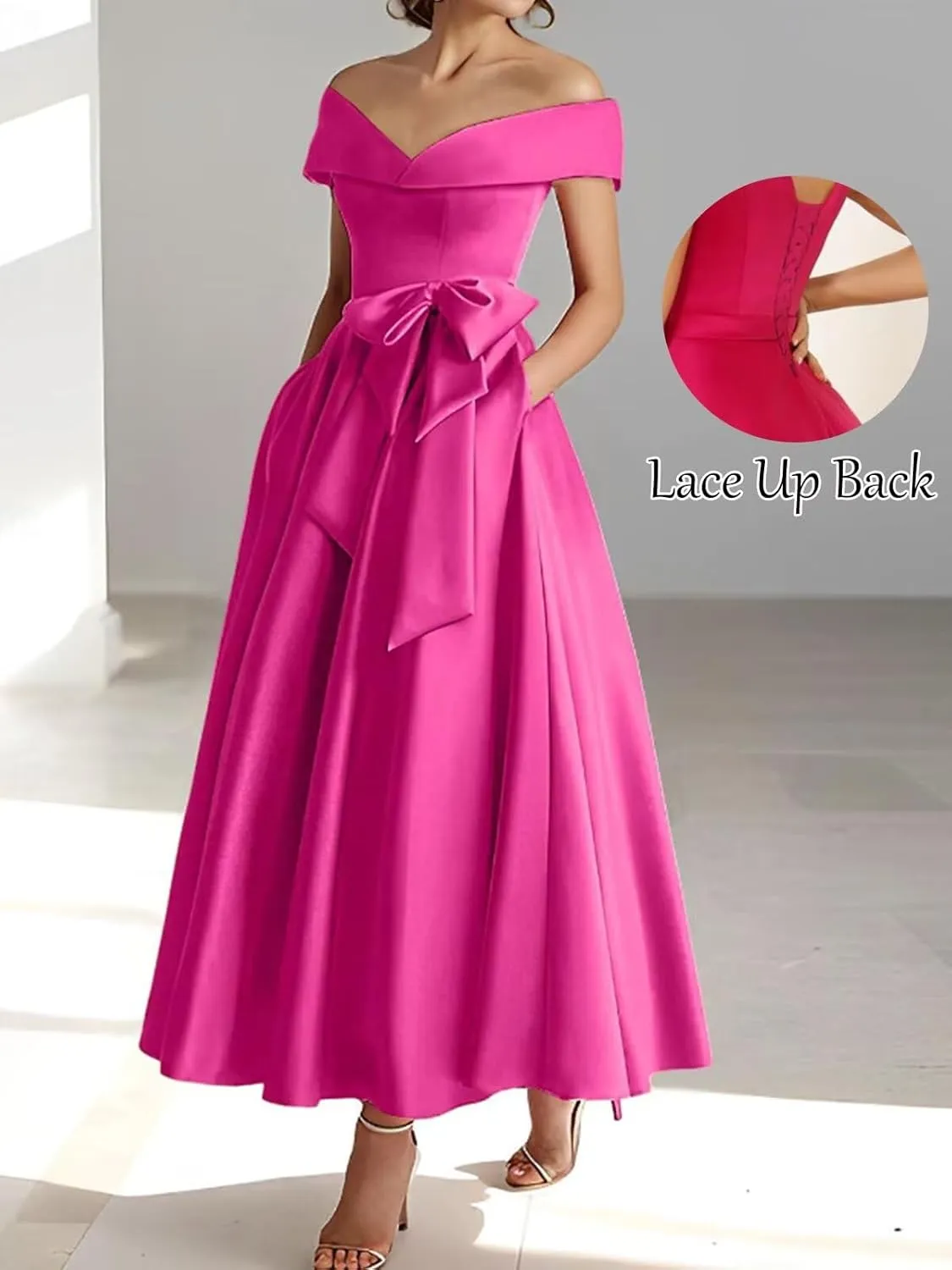 Women's Off The Shoulder Satin Mother of The Bride Dress with Bow Tea Length Formal Gowns Evening Dresses