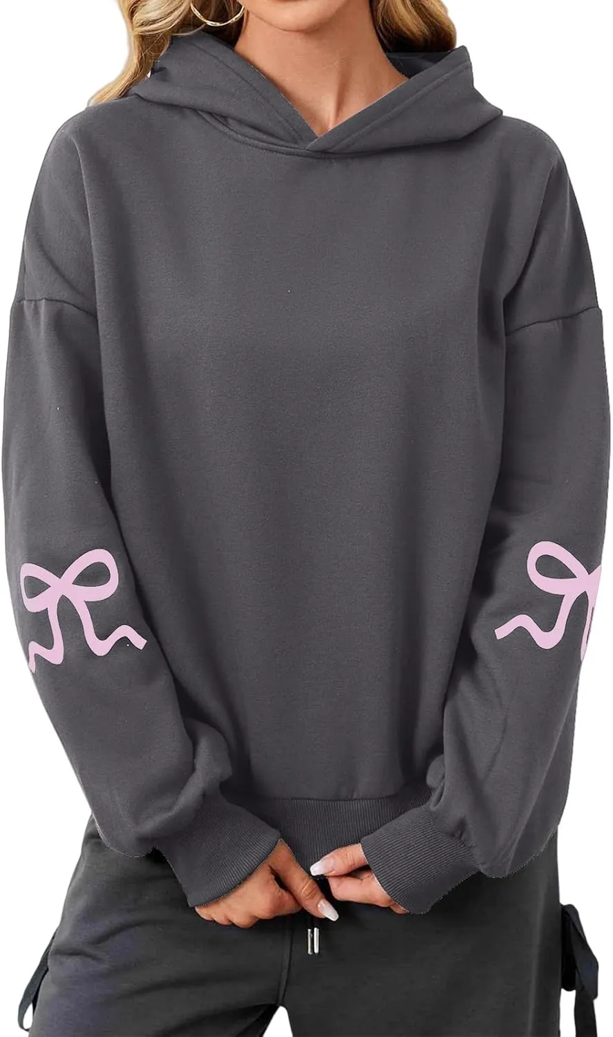 Womens Oversized Hoodies Bow Graphic Print Sweatshirts Casual Long Sleeve Shirts Pullover Hooded Jacket with Pockets